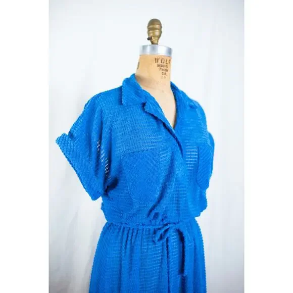Vintage 70s Royal Blue Terry Cloth Textured Midi Dress, Indie Mod Retro, Small - Picture 10 of 10
